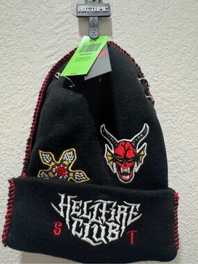 Hot Topic Black Beanie with Red Devil Patch and Yellow Accent